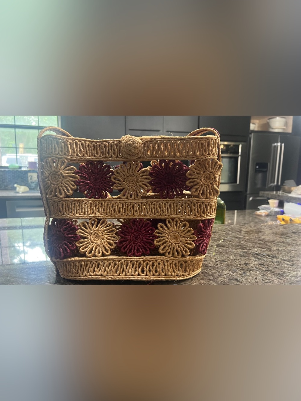 Handwoven Floral Straw Tote - Natural and Burgundy
